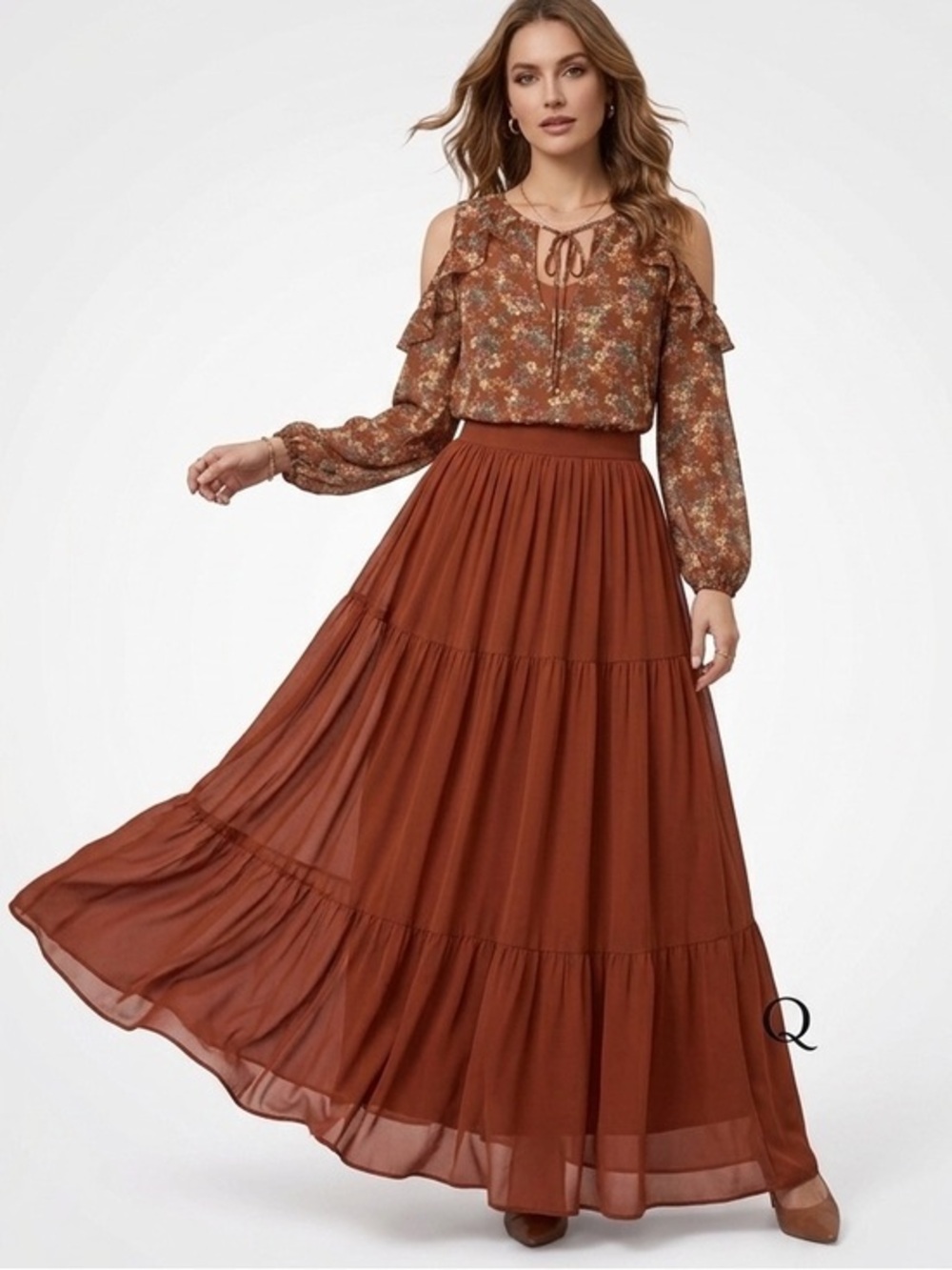 Floral Cold-Shoulder Blouse in Rust Size Medium